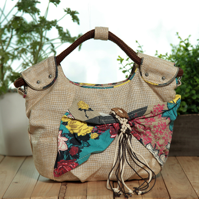 云南森系女士拼接撞色印花布艺妈妈咪手提包复古两用斜跨小布包包