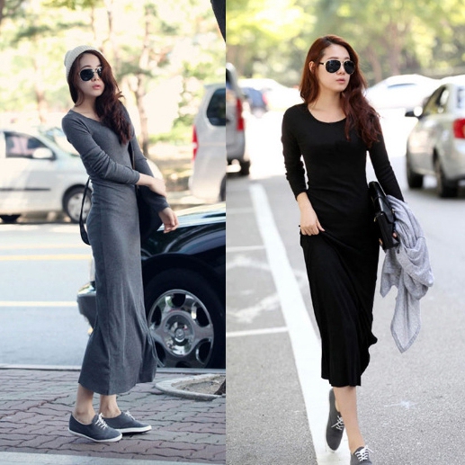 秋季新款莫代尔长袖连衣裙欧美风双U圆领时尚长款拖地长裙包邮