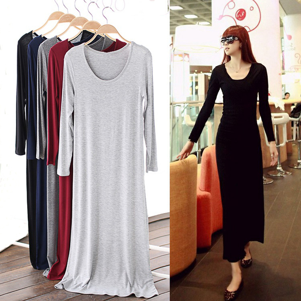 秋季新款莫代尔长袖连衣裙欧美风双U圆领时尚长款拖地长裙包邮