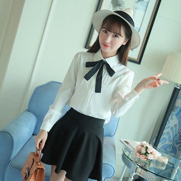 春秋韩版蝴蝶结飘带娃娃领衬衫女长袖宽松百搭学院风女装衬衣学生