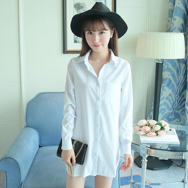 春秋欧美BF风女衬衣性感韩版百搭大码白衬衫睡衣女中长款长袖上衣