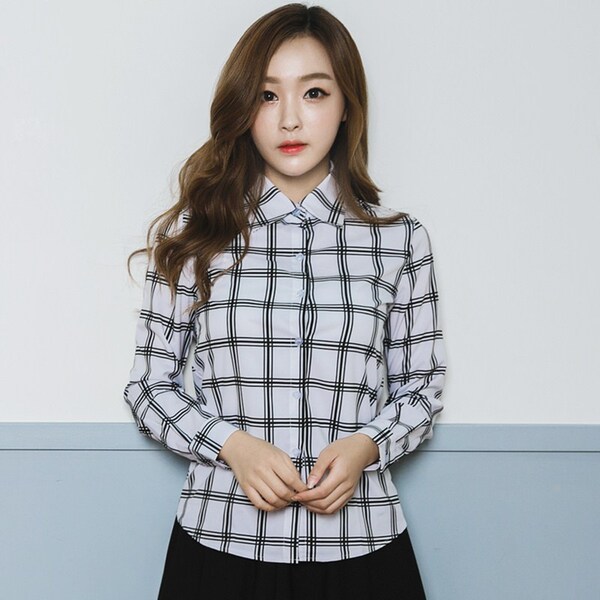 2016春秋新款印花格子衬衫女长袖雪纺衫学生装韩范修身百搭衬衣