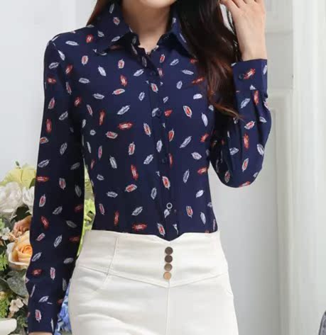 2016秋季新款女装上衣印花衬衫长袖雪纺衫修身显瘦百搭打底衬衣潮