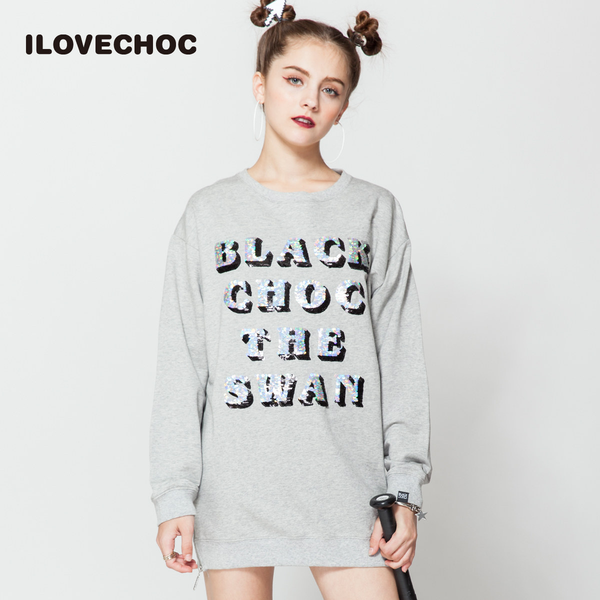 ilovechoc我爱巧克力 2017秋冬款 字母印花中长款卫衣女