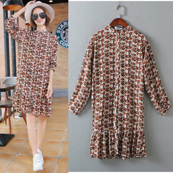 韩版立领长袖宽松直筒简约性感衬衫连衣裙女V7-6652-4