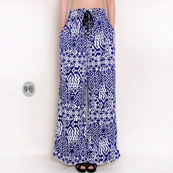 新款春秋夏季女裤加长加肥民族波西米亚花大码阔腿裤直筒裤休闲裤