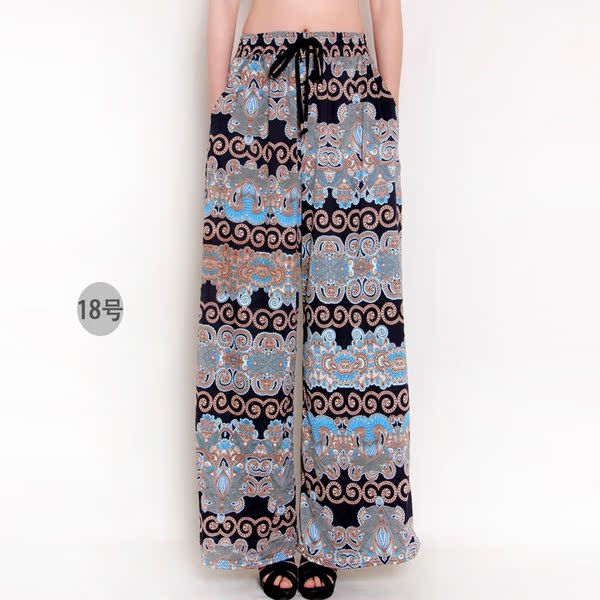 新款春秋夏季女裤加长加肥民族波西米亚花大码阔腿裤直筒裤休闲裤