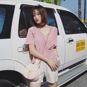 MENGZ PIE短袖T恤女夏宽松韩国粉色衫修身百搭不对称体恤teeZ544