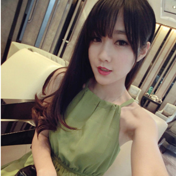 Summer new women's temperament mustard green hanging neck waist was thin sweet chiffon holiday beach dress skirt