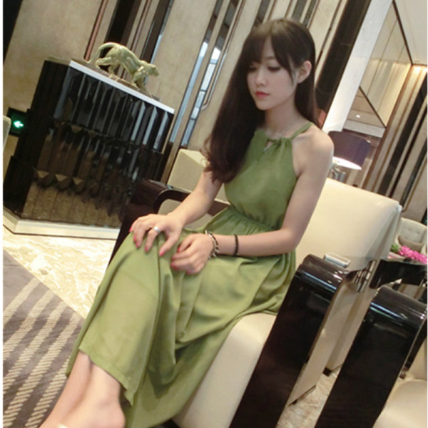 Summer new women's temperament mustard green hanging neck waist was thin sweet chiffon holiday beach dress skirt