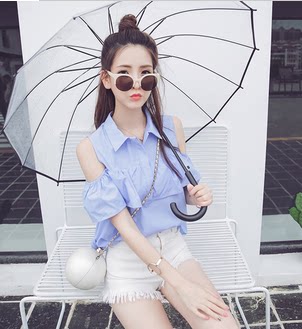 1892#韩版露肩荷叶边条纹衬衣