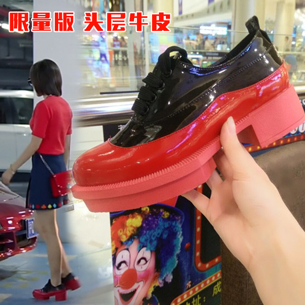 欢乐颂曲筱绡王子文同款鞋子曲潇潇粗跟厚底系带圆头红色真皮单鞋