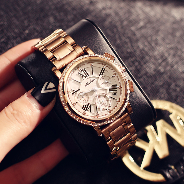 瑞士玛莎莉mashali奢华三眼日历钢带女腕表石英时装链条手表包邮