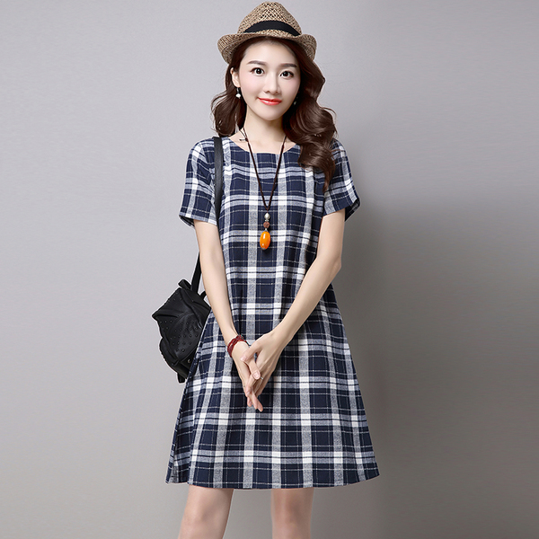 2017夏季新品韩版女士棉麻连衣裙百搭修身显瘦格子透气休闲裙潮