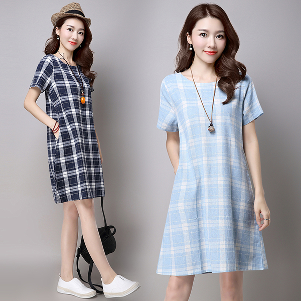 2017夏季新品韩版女士棉麻连衣裙百搭修身显瘦格子透气休闲裙潮