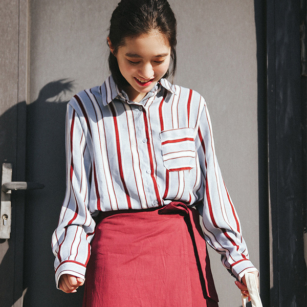 2017春季新品韩版不规则撞色条纹衬衫女学生宽松显瘦学院风衬衣潮