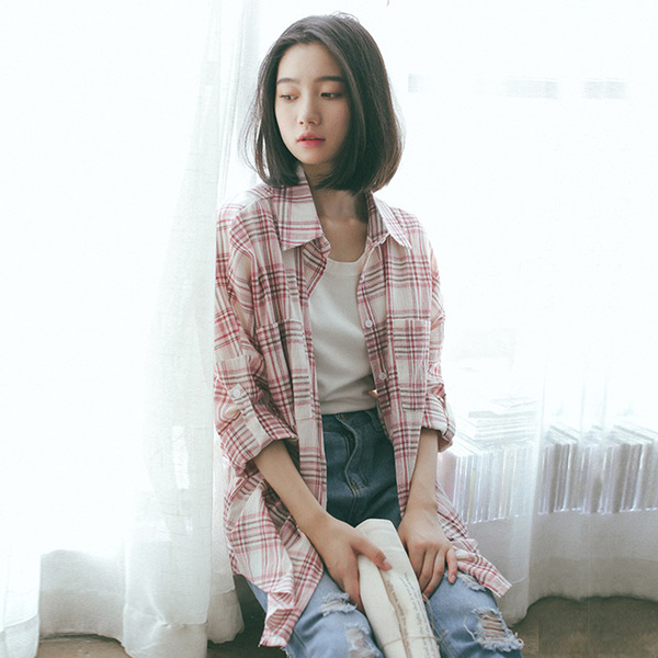 春季女装新款韩版格子撞色文艺衬衫女学生宽松百搭显瘦开衫上衣潮