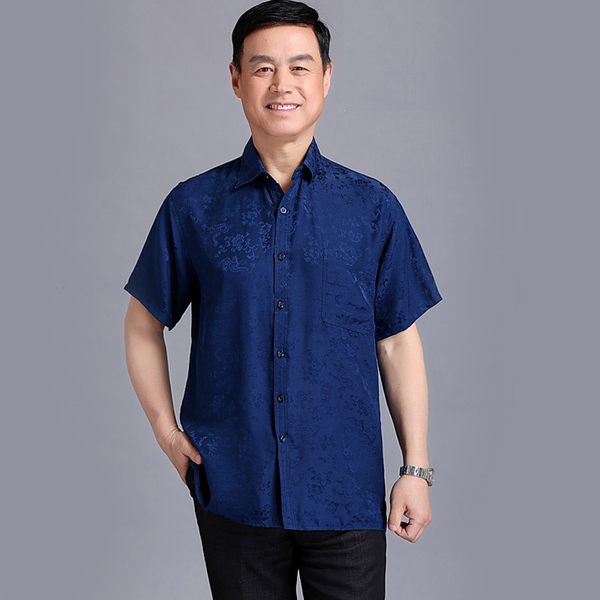 金霸丝王夏季新中老年男士真丝短袖衬衣桑蚕丝老人衬衫爸爸装上衣