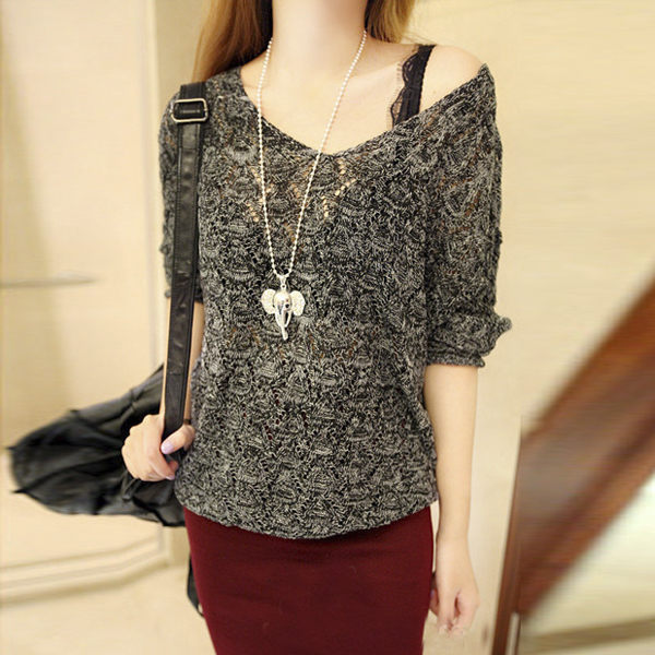 春秋女装毛衣外套短款宽松大码镂空罩衫女套头针织衫薄款蝙蝠线衫