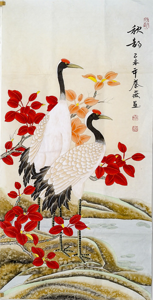 工笔画国画三尺仙鹤白鹤《秋韵》装饰画秦薇手绘1789