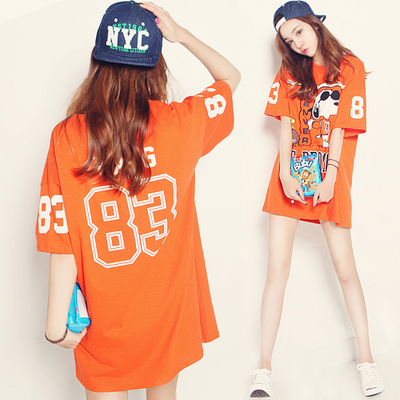 包邮韩版新款夏装纯棉卡通印花半袖体恤大码宽松中长款短袖T恤女