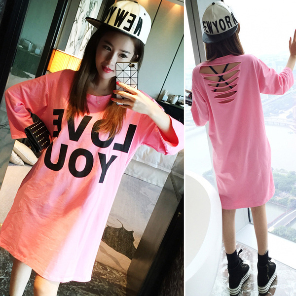 韩版秋装新款字母印花性感露背体恤宽松大码长款七分袖t恤女纯棉