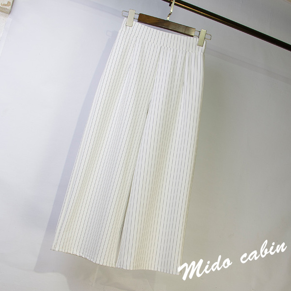 2017春装新款松紧腰条纹七分九分阔腿裤简约百搭高腰显瘦休闲裤女