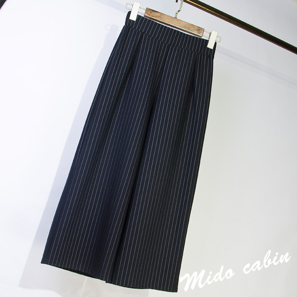 2017春装新款松紧腰条纹七分九分阔腿裤简约百搭高腰显瘦休闲裤女