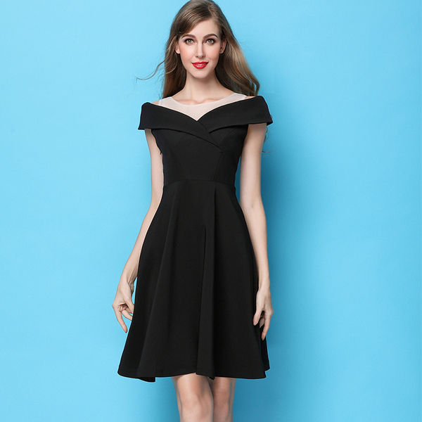 修身显瘦一字领露肩小黑裙a字裙2017春夏女连衣裙高腰韩版小礼服