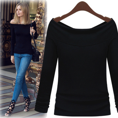 欧美风秋季新款女装性感一字领打底衫前后两穿露肩长袖T恤女 Q097