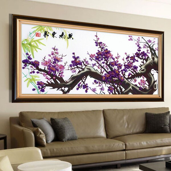 丝带绣客厅大挂画彩印新品升级花草系列大幅紫气东来梅花十字绣