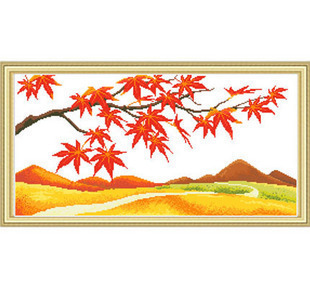 纯手工十字绣成品 金色枫景红树叶风景画客厅卧室书房画包邮 现货