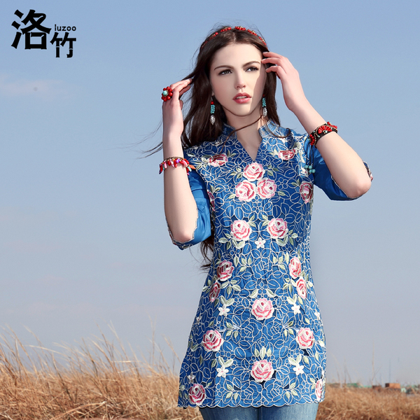 洛竹原创设计品牌加大码绣花民族风刺绣中长款棉麻高端衬衫女装