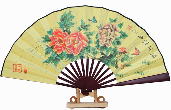 牡丹8寸绢布折扇高档牡丹 洛阳牡丹娟扇 高档男士娟扇批发牡丹图
