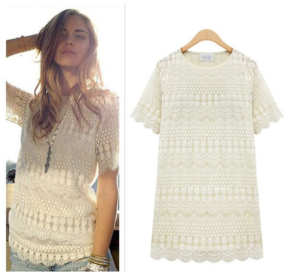 2016夏新款 欧美气质镂空短袖打底连衣裙百搭白色圆领蕾丝衫8990