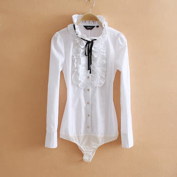 蝴蝶结立领白色连体衬衫女大码衬衣长袖衬衫