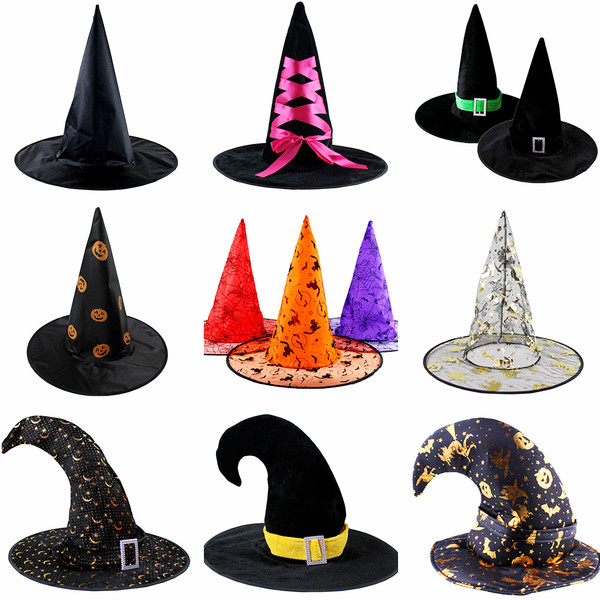 65g万圣节衣服帽子搞怪巫婆披风帽子巫师帽印花南瓜帽黑尖帽子