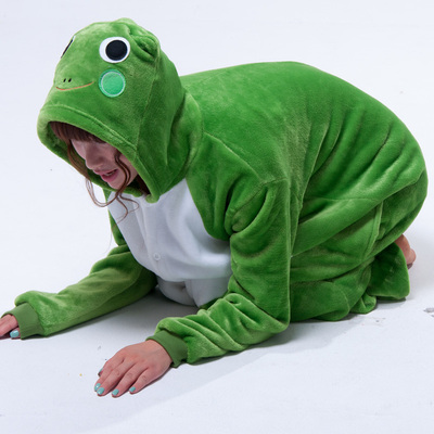 外贸青蛙冬加厚珊瑚男女法兰绒可爱情侣如厕卡通动物连体睡衣长袖