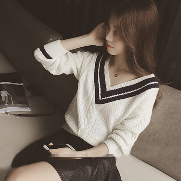 秋冬新品韩版女V领学生打底衫套头毛衣