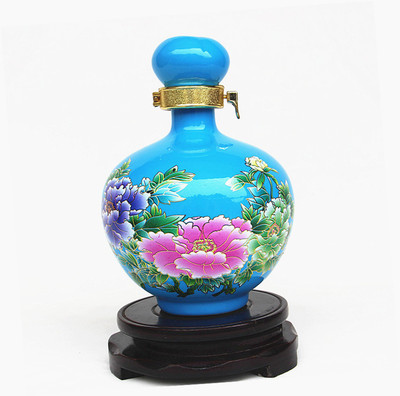 景德镇1斤装牡丹花开圆球白酒瓶空酒具 蓝色金典水晶釉陶瓷酒瓶