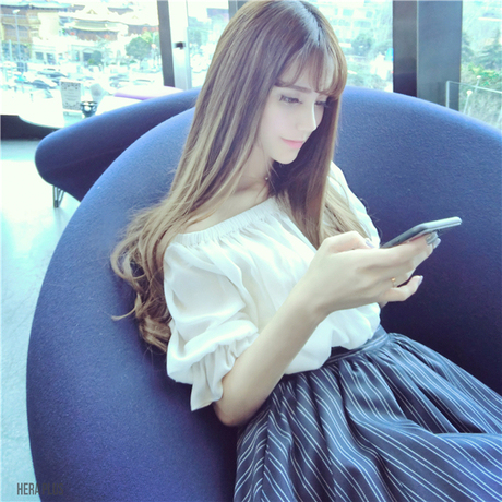 春装新款女装韩版甜美荷叶边中袖条纹后背蝴蝶结一字领露肩连衣裙