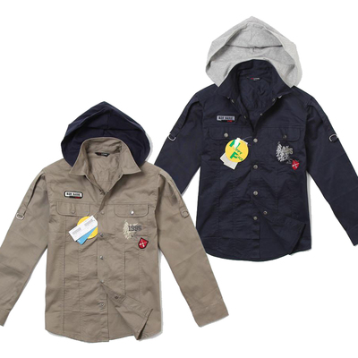 韩外贸原单 军装风格卡其布衬衫 中学生男孩童中大童长袖衬衫n342