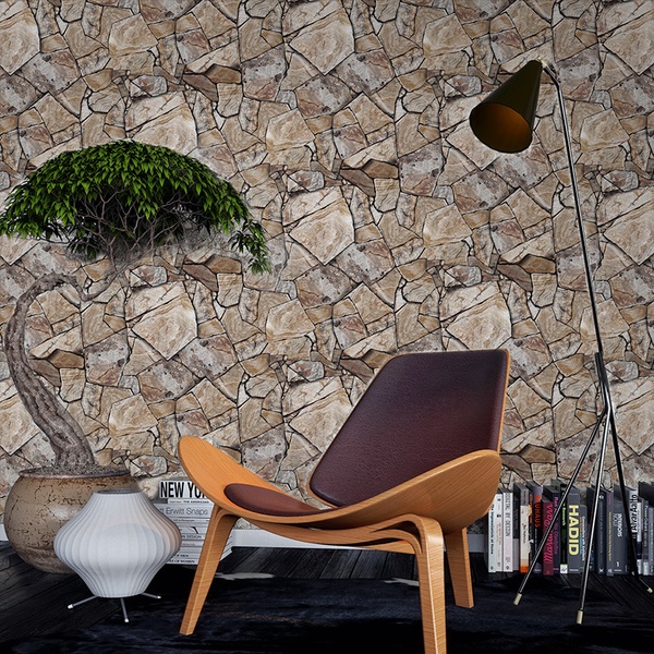 韩尚复古大理石纹墙纸石头石块文化石壁纸会所餐厅电视