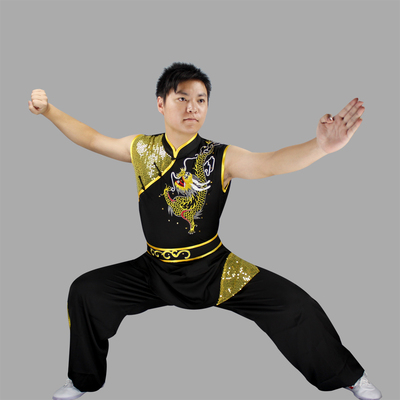 武术服装无袖刺绣龙表演服男女南拳练功服儿童长拳比赛演出服彩服