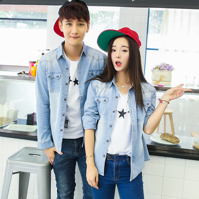 欧以纯男春秋装衬衫男女大学生情侣上衣韩版修身纯棉牛仔衬衣潮hm