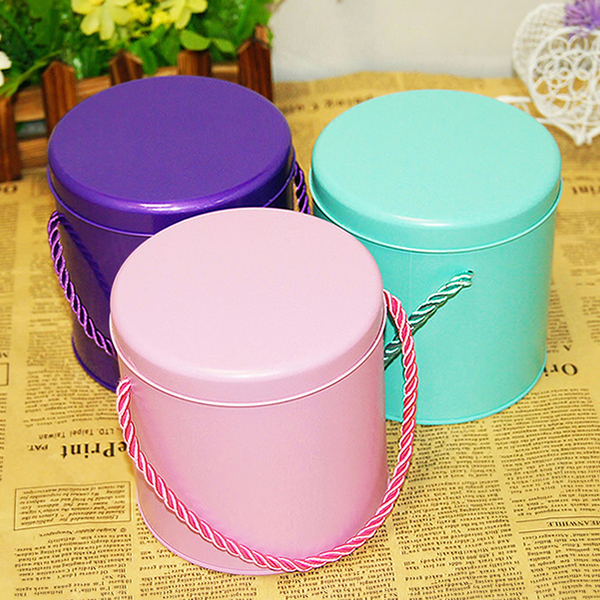 圆形小号三色婚庆喜糖铁罐 休闲食品手拎包装盒 可装饼干棒棒糖
