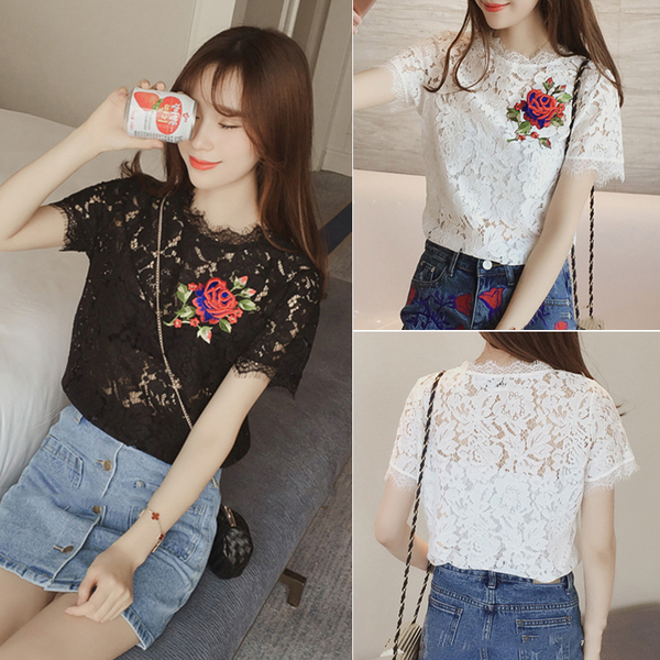 春秋韩国新款学院风甜美刺绣雪纺蕾丝衫镂空宽松性感短袖t恤女潮