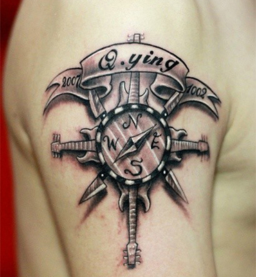 纹身贴 指南针 吉他音乐花臂胳膊大图防水防汗刺青贴纸 逼真