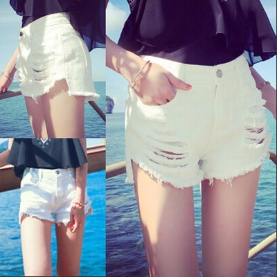 白色破洞牛仔短裤女夏百搭韩国宽松高腰毛边流苏短裤学生阔腿热裤