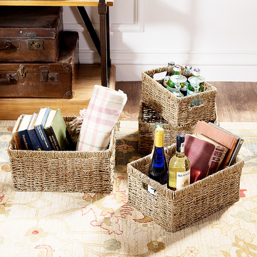 奇居良品 手工编织海草储物篮 艾莉尔长方形无盖收纳筐四件套